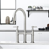 3 Hole Brushed Nickel Bridge Kitchen Faucet with Pull Down Sprayer