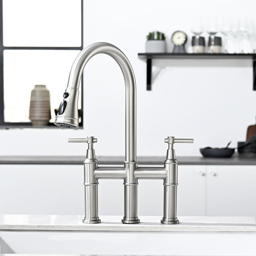 3 Hole Brushed Nickel Bridge Kitchen Faucet with Pull Down Sprayer