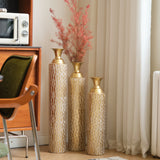 Set of 3 Gold Distressed Metal Vases with Vine Pattern 34