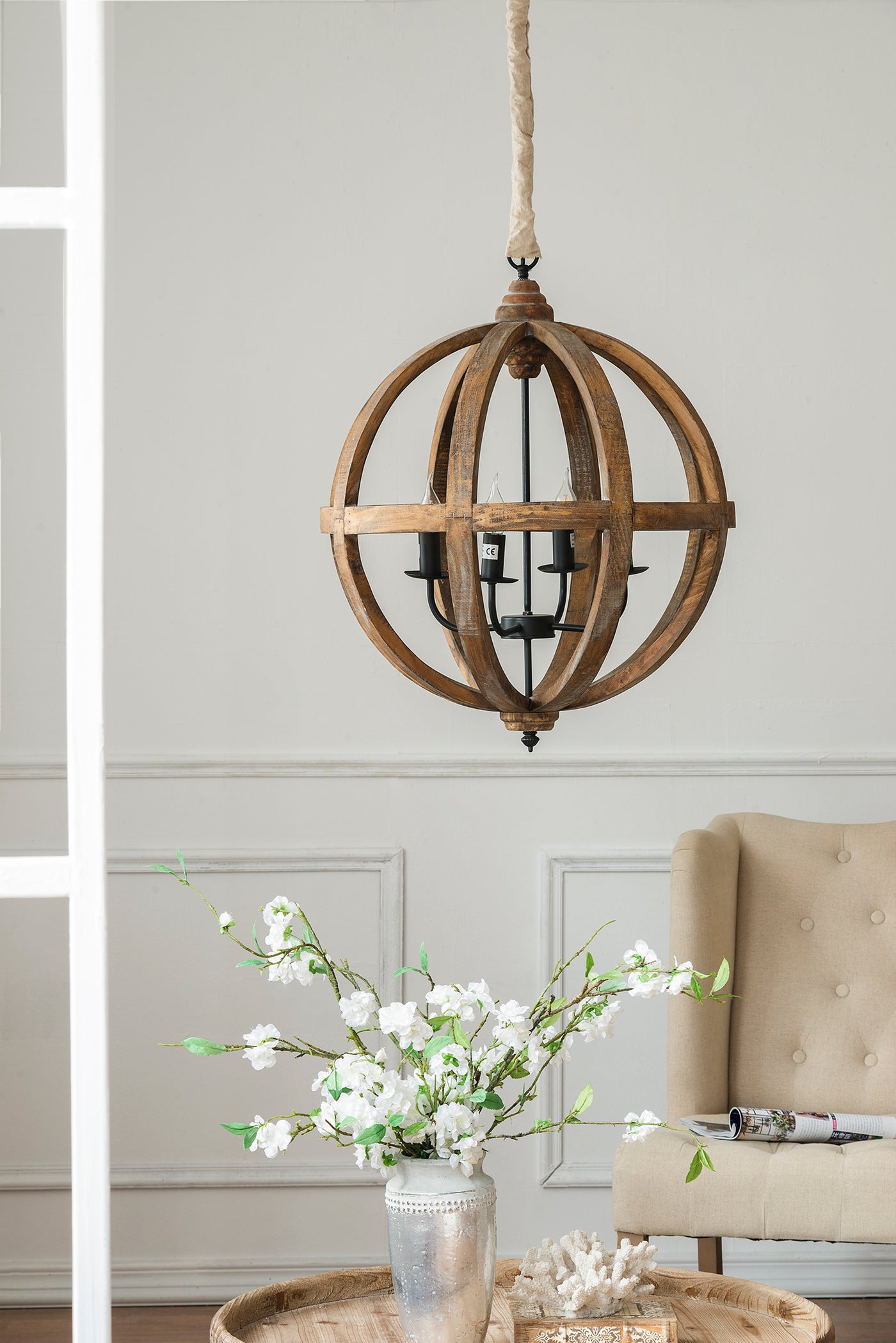4-Light Wood Chandelier Hanging Fixture Adjustable Chain