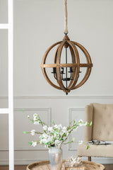 4-Light Wood Chandelier Hanging Fixture Adjustable Chain