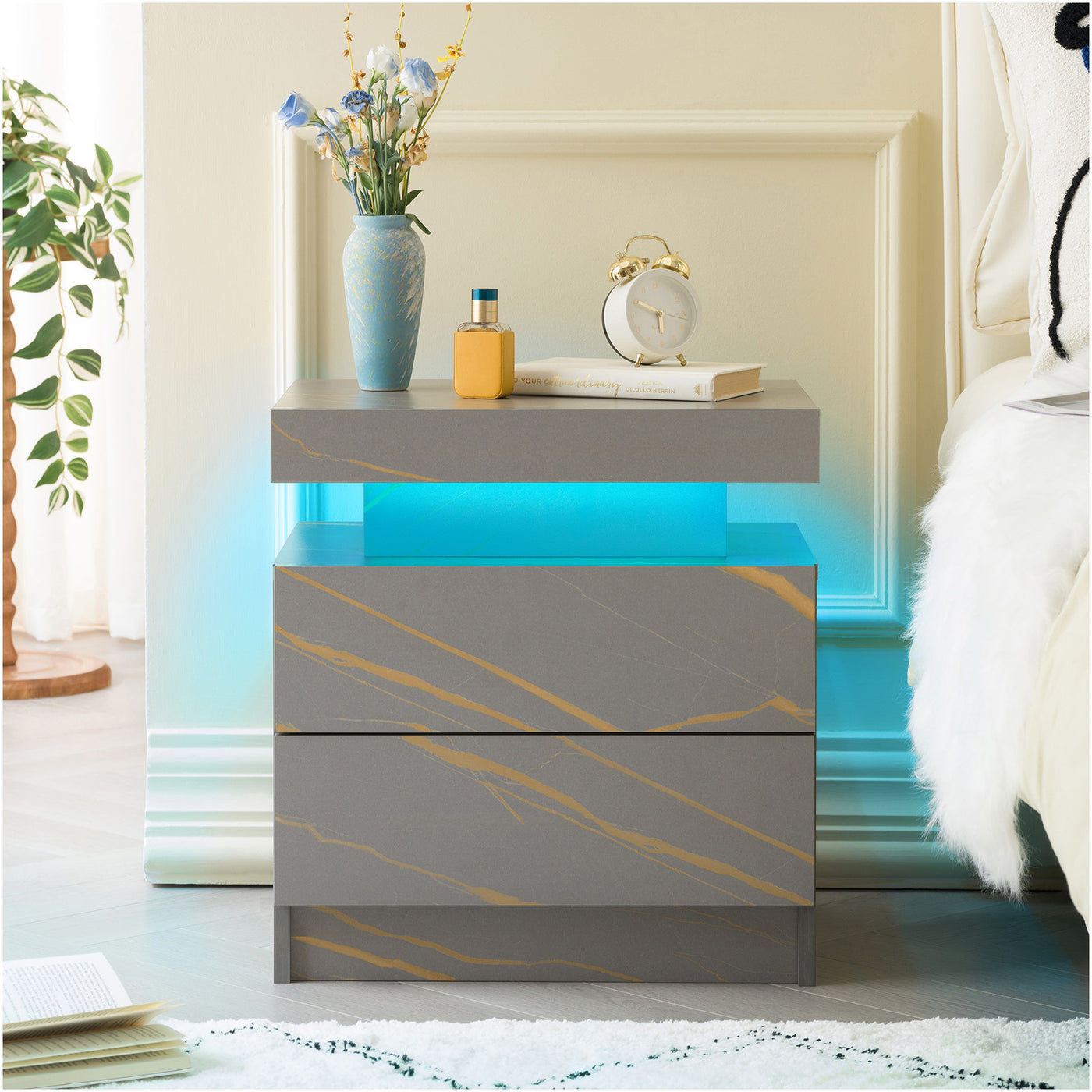 Grey Gold LED Bedside Nightstand Cabinet with 2 Drawers
