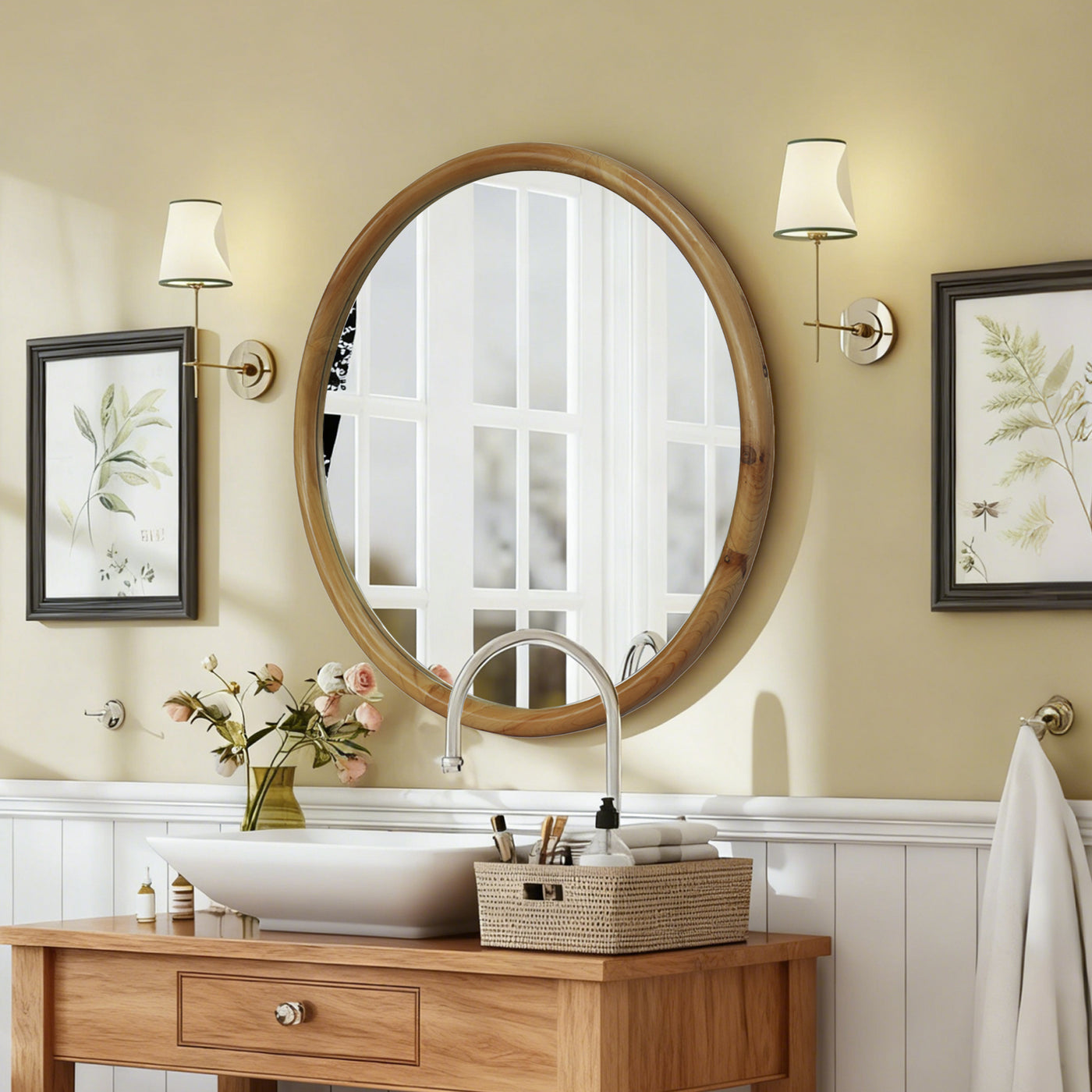 31.50" Round Wood Framed Wall Mirror, Natural Wooden Circle
