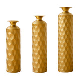 3-Piece Modern Gold Metal Floor Vase Set, Hexagon Textured