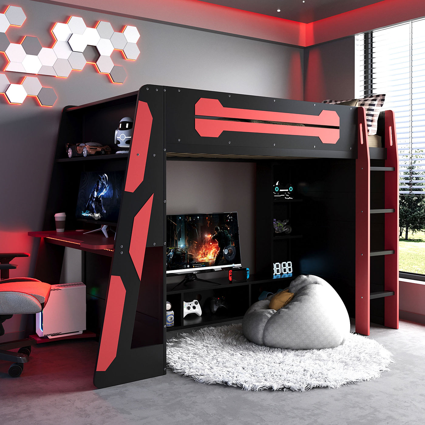 Twin Size Wood Loft Bed with Desk, Multi-storage Shelves and RGB Light, Red