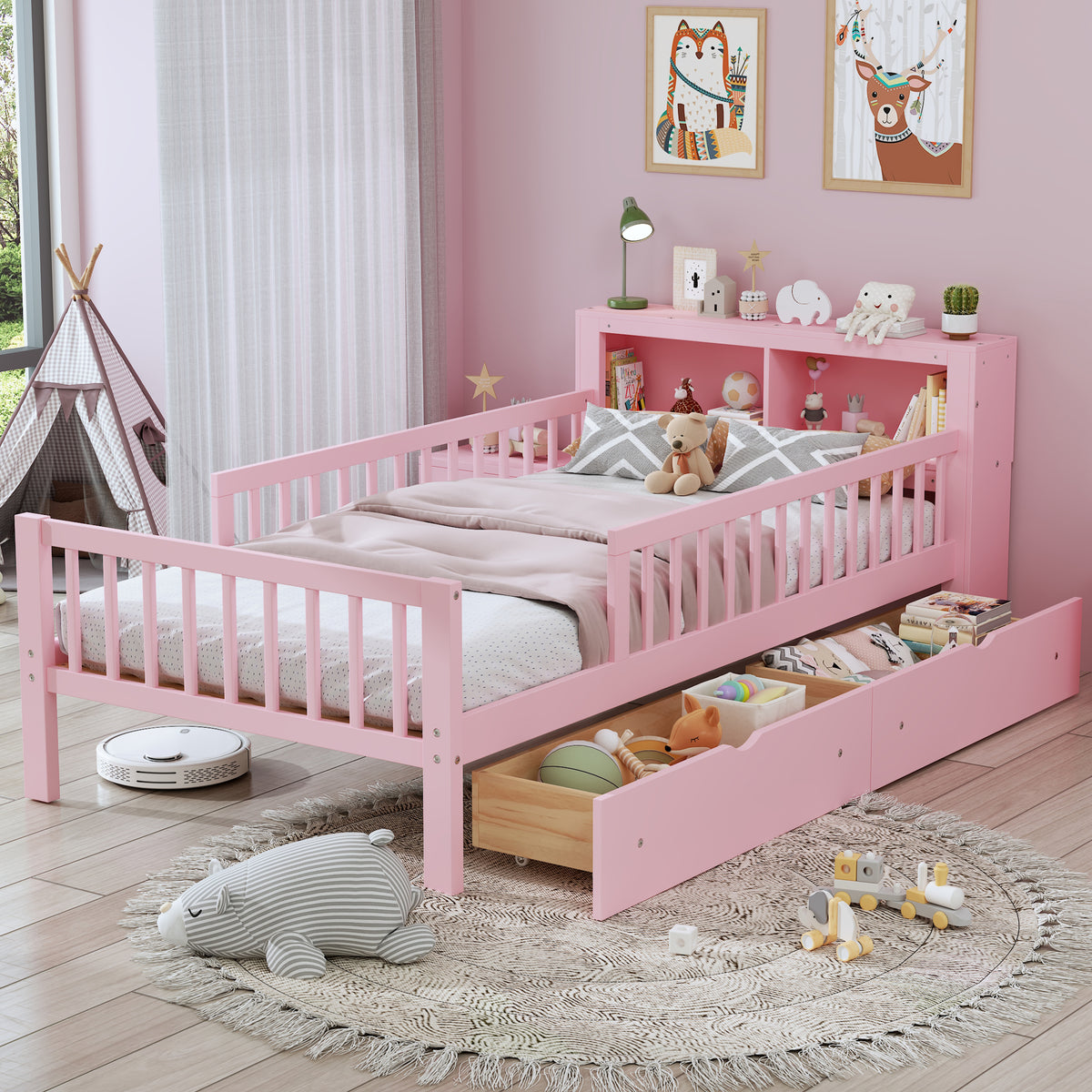 Twin Wood Platform Bed Pink