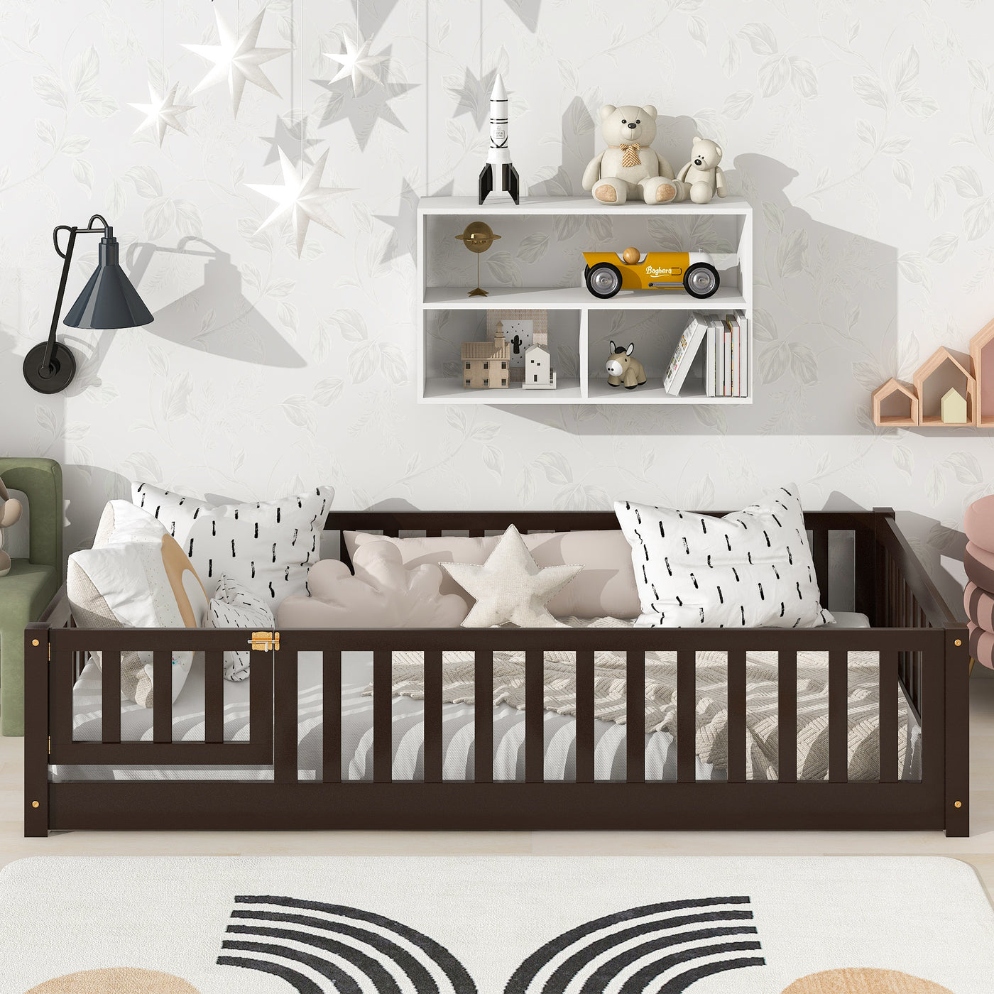 Twin Size Floor Bed with Safety Guardrails and Door, Espresso