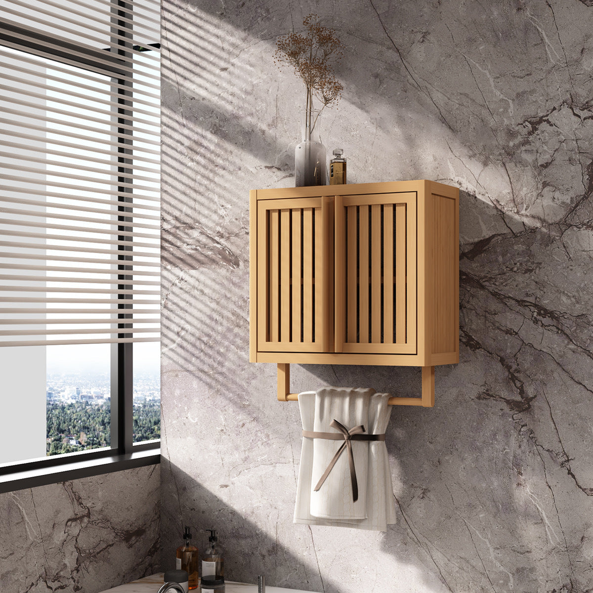 Bamboo Wall Mounted Bathroom Cabinet Toilet Storage Box