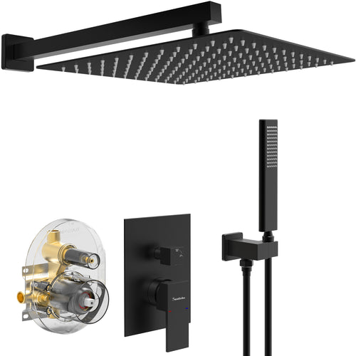 Matte Black Waterfall Bathtub Shower Faucet Set 12" Rain Head