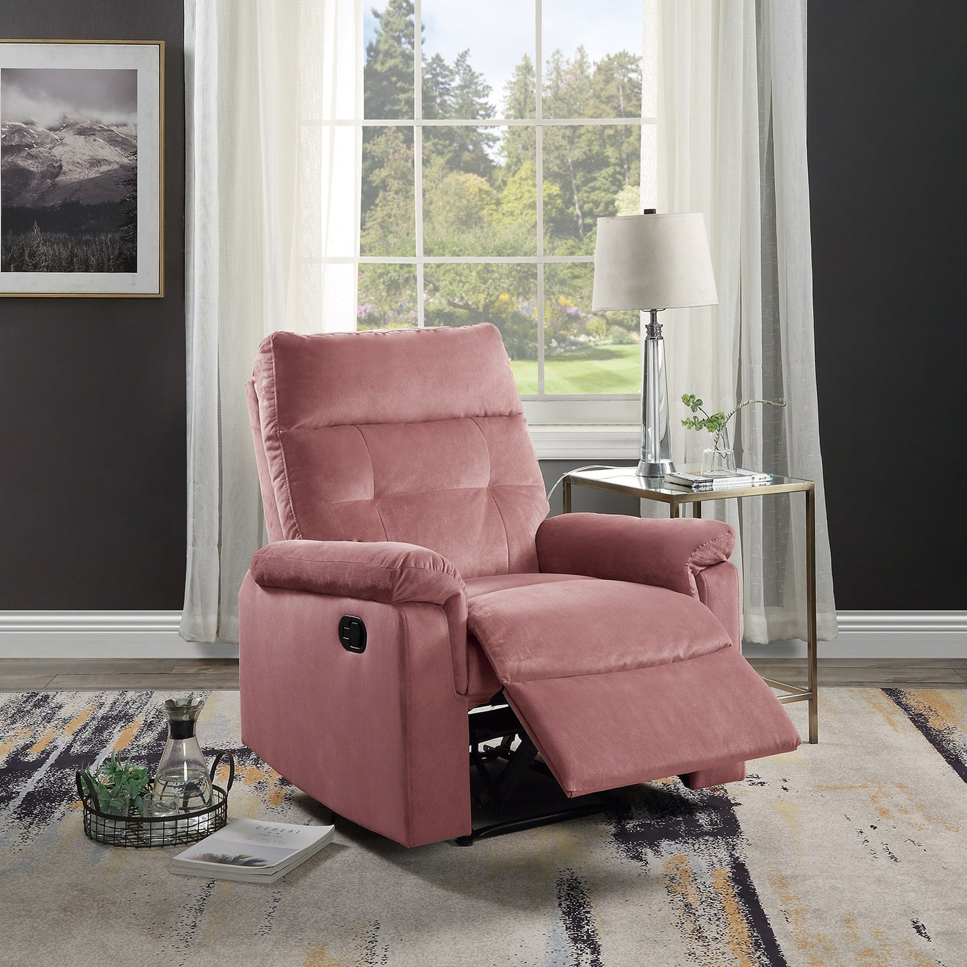 Blush Pink Velvet Manual Motion Recliner Chair Tufted