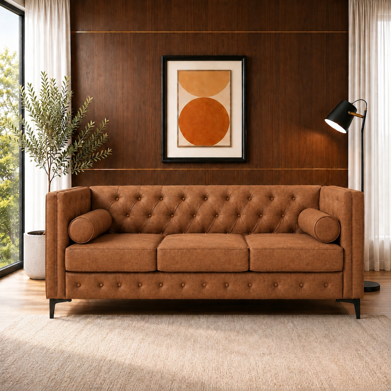 78.5" Brown Faux Leather 3 Seater Sofa, Mid Century Modern