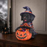 Halloween Black Labrador Retriever Witch Puppy Figurine, Cute Dog Holding Pumpki