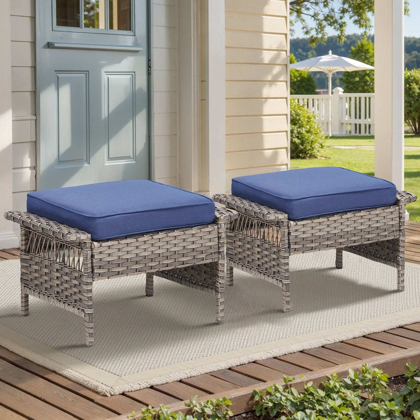 Outdoor PE Wicker Ottoman Set of 2 Gray Rattan Footrests Blue