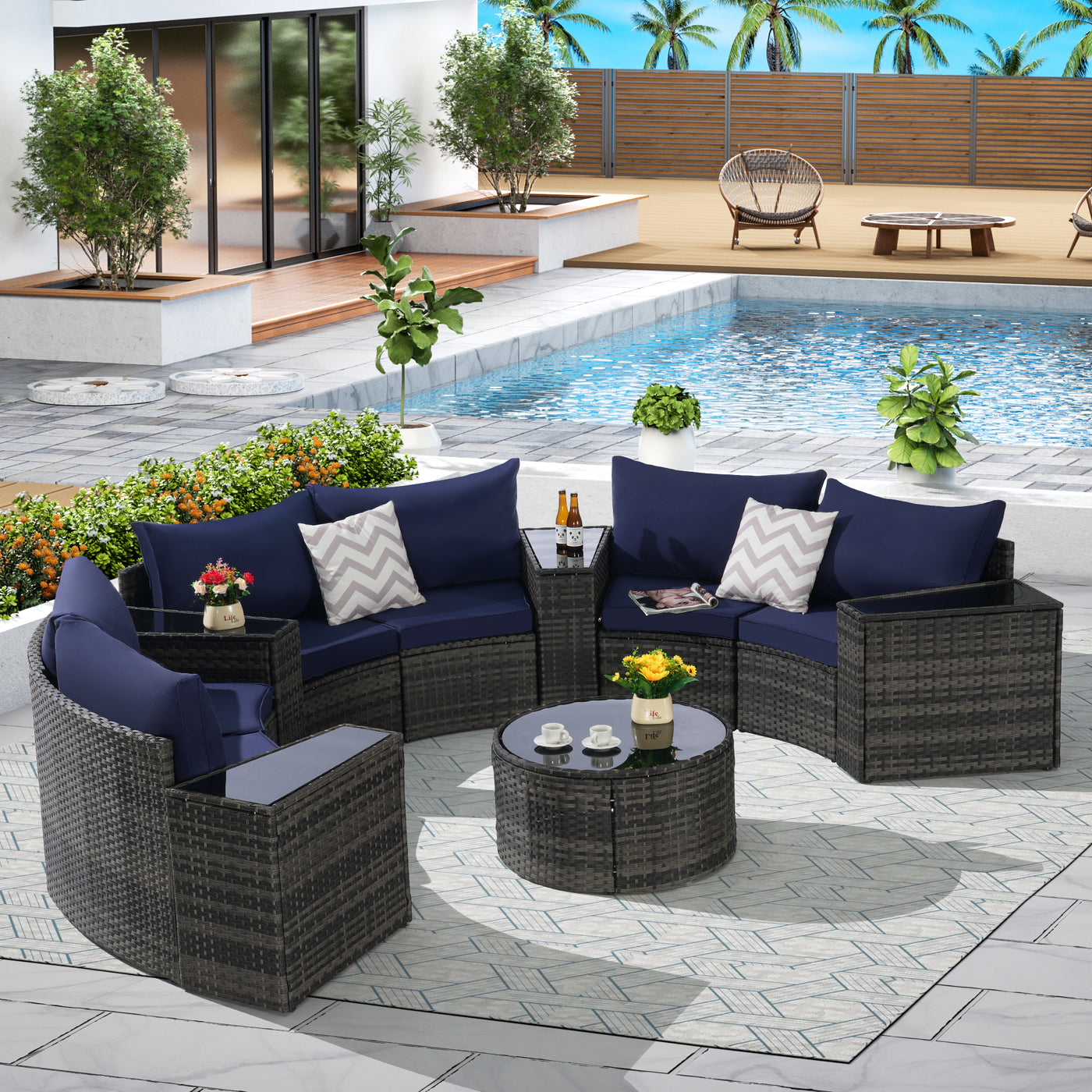Outdoor Sectional Set PE Rattan Metal Dark Blue Half Moon 11 Piece 380 LB