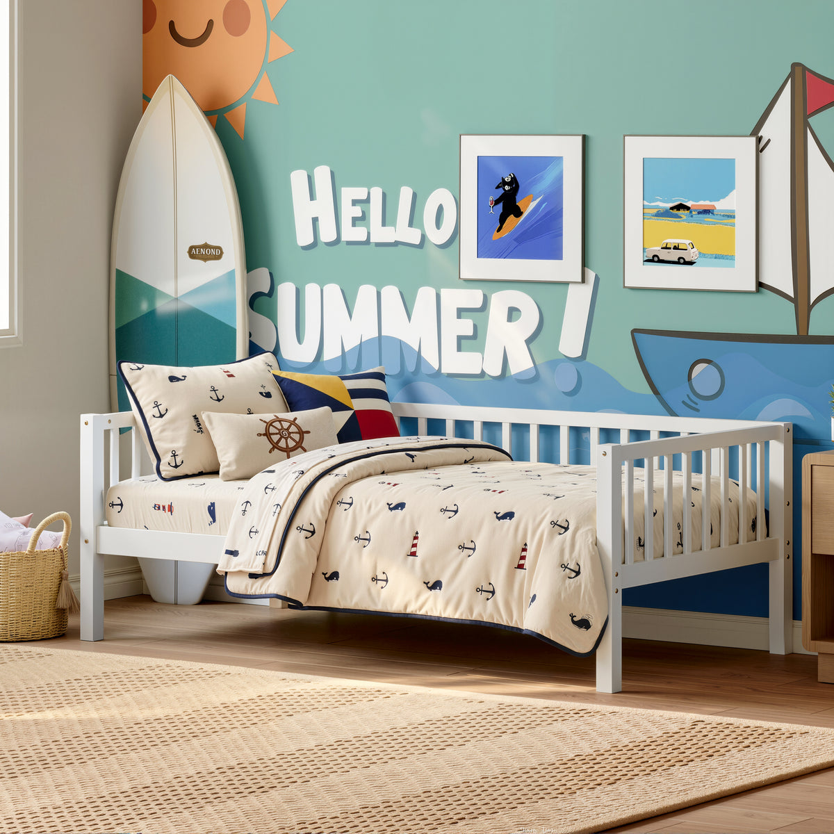 Twin Size Daybed, 3-Sided Vertical Slat Guardrail Bed Frame, Breathable Wooden S