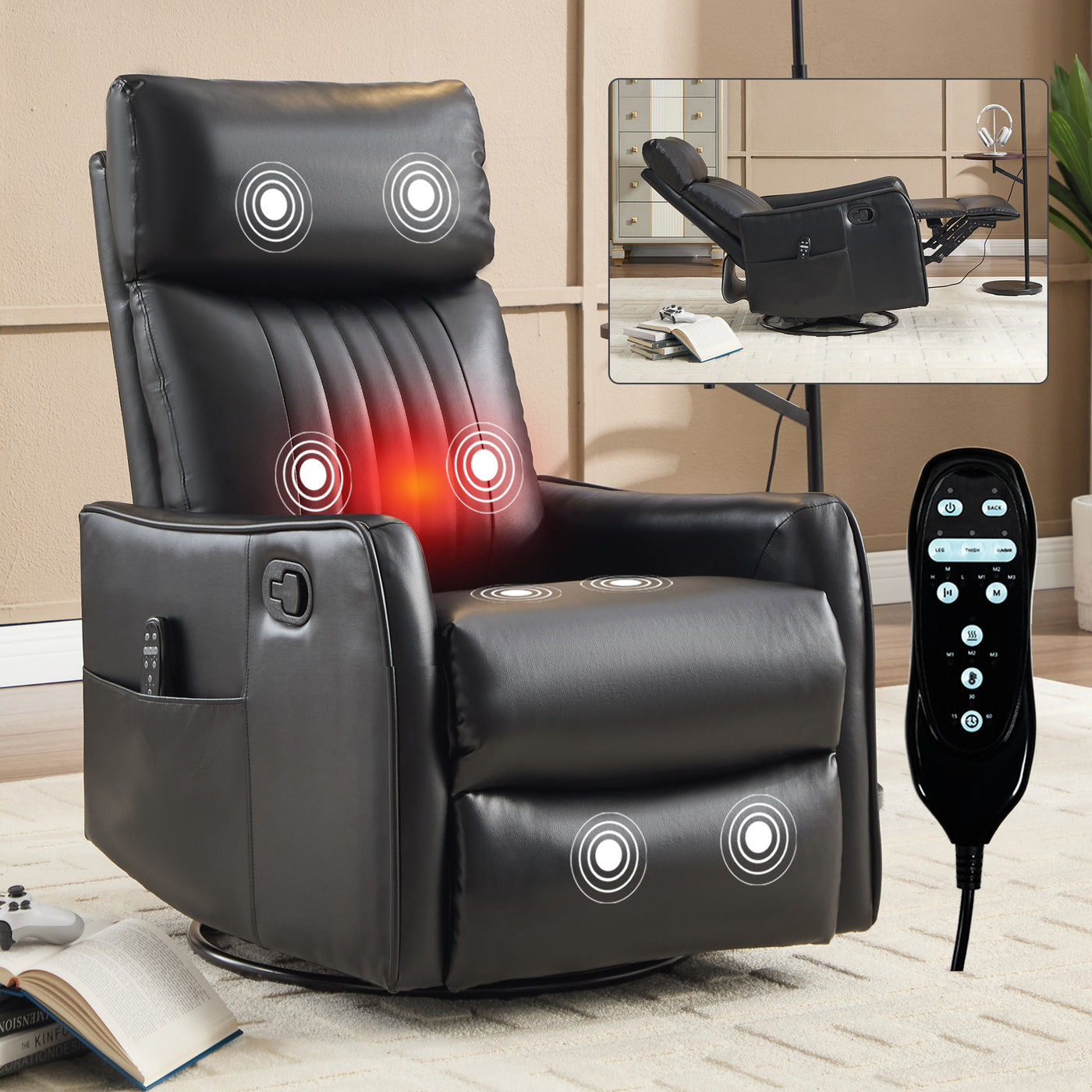 Recliner Chair Swivel Rocker Faux Leather Black 360 Degree Heat Massage 155