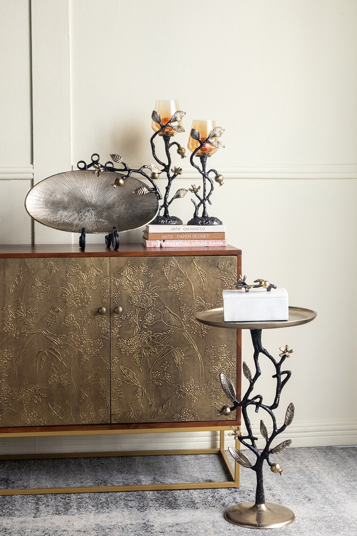 Black and Gold Aluminum Side Table Pomegranate Design
