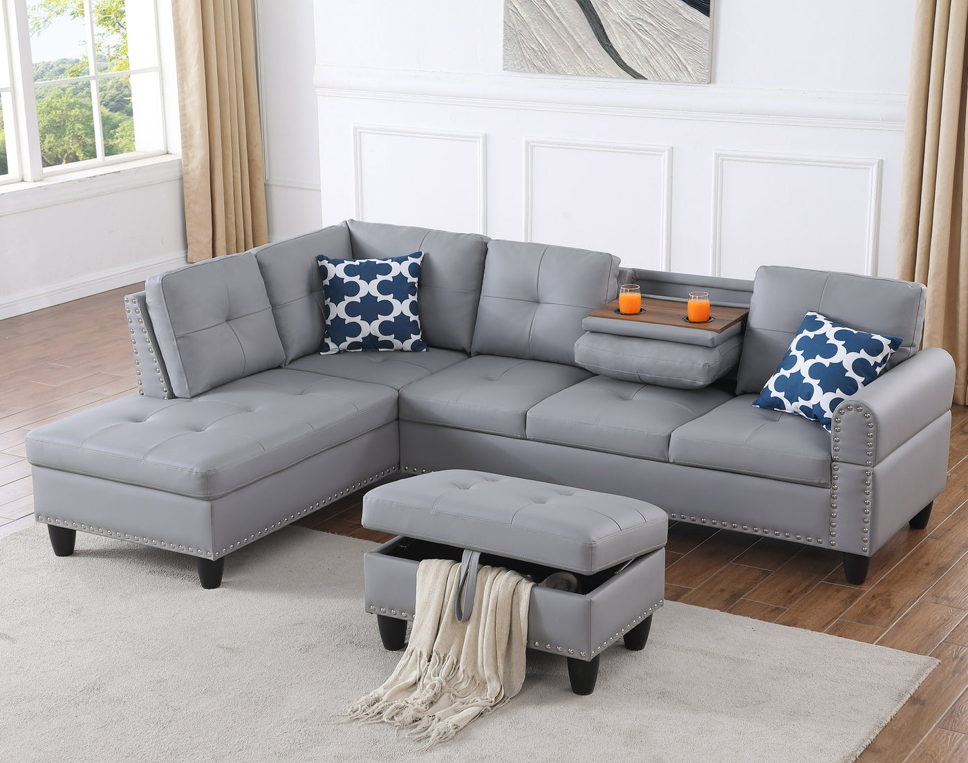 Gray Faux Leather L-Shaped Sectional with Storage Ottoman