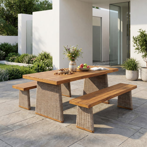 Outdoor Dining Set Acacia Wood Brown 3 Piece Table 2 Benches Rattan Legs