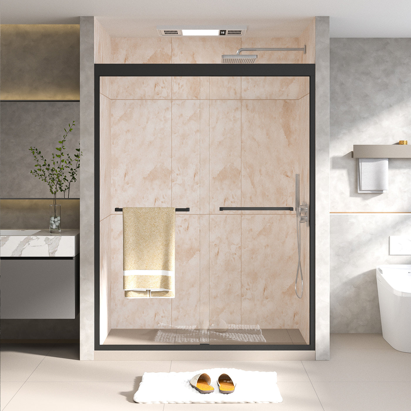 Semi-Frameless Double Sliding Shower Door 50-54"W Matte Black