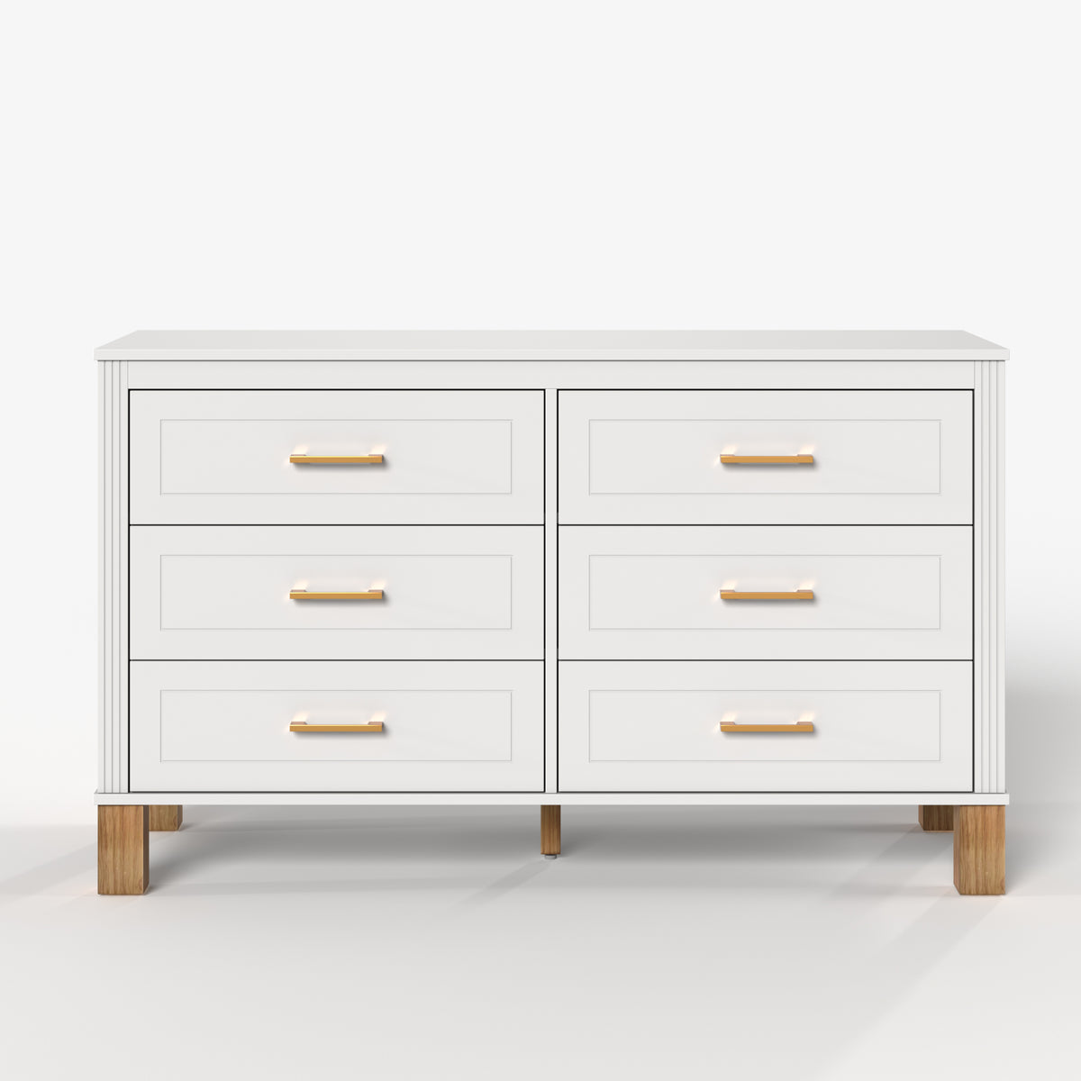 Modern 6-Drawer White Dresser with Solid Wood Legs and Metal Handles, Heavy-Duty