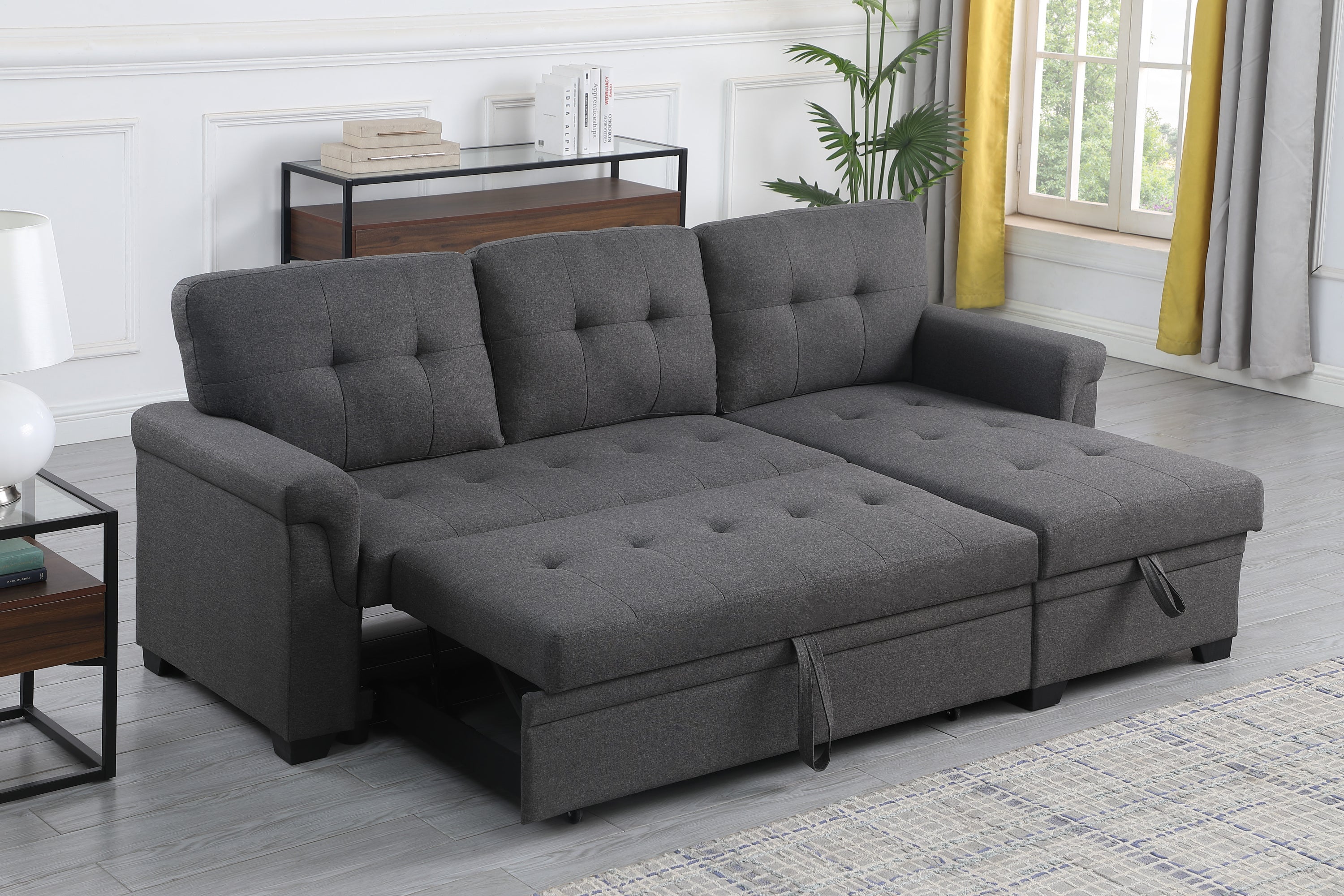 Lucca 84 Inch Dark Gray Linen Reversible Sleeper Sectional Sofa Storage Chaise