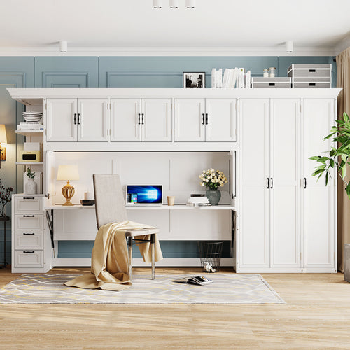 Twin Size Murphy Bed Wall Bed with Wardrobe, Cabinet and Desk, White