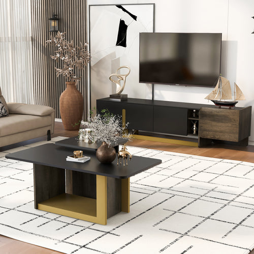 TV Stand and Coffee Table Set 2-Piece White Gold MDF Metal Legs Fits Large TV