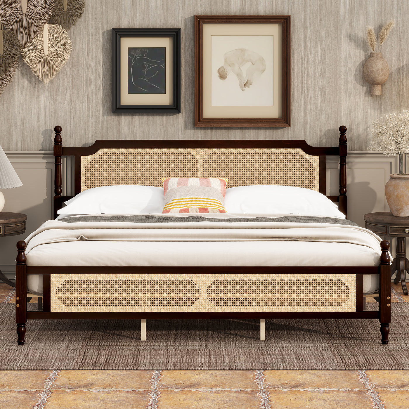 King Pine Wooden Bed with Rattan Headboard Footboard Espresso