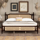 King Pine Wooden Bed with Rattan Headboard Footboard Espresso