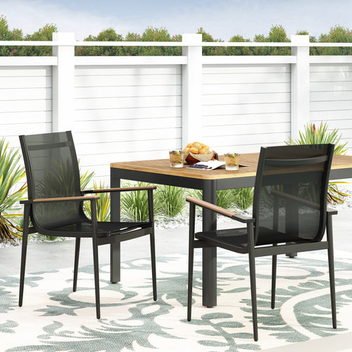 Dining Chair Outdoor Aluminum Mesh Black Natural Faux Wood Accent 22x25x36 In
