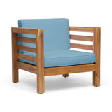Outdoor Club Chair, Acacia Wood Patio Chair with Fabric Cushion, Teak Frame Blue Cushion