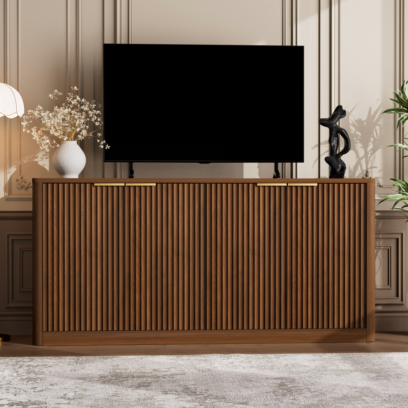 59" Modern Wavy Walnut Sideboard Storage Cabinet