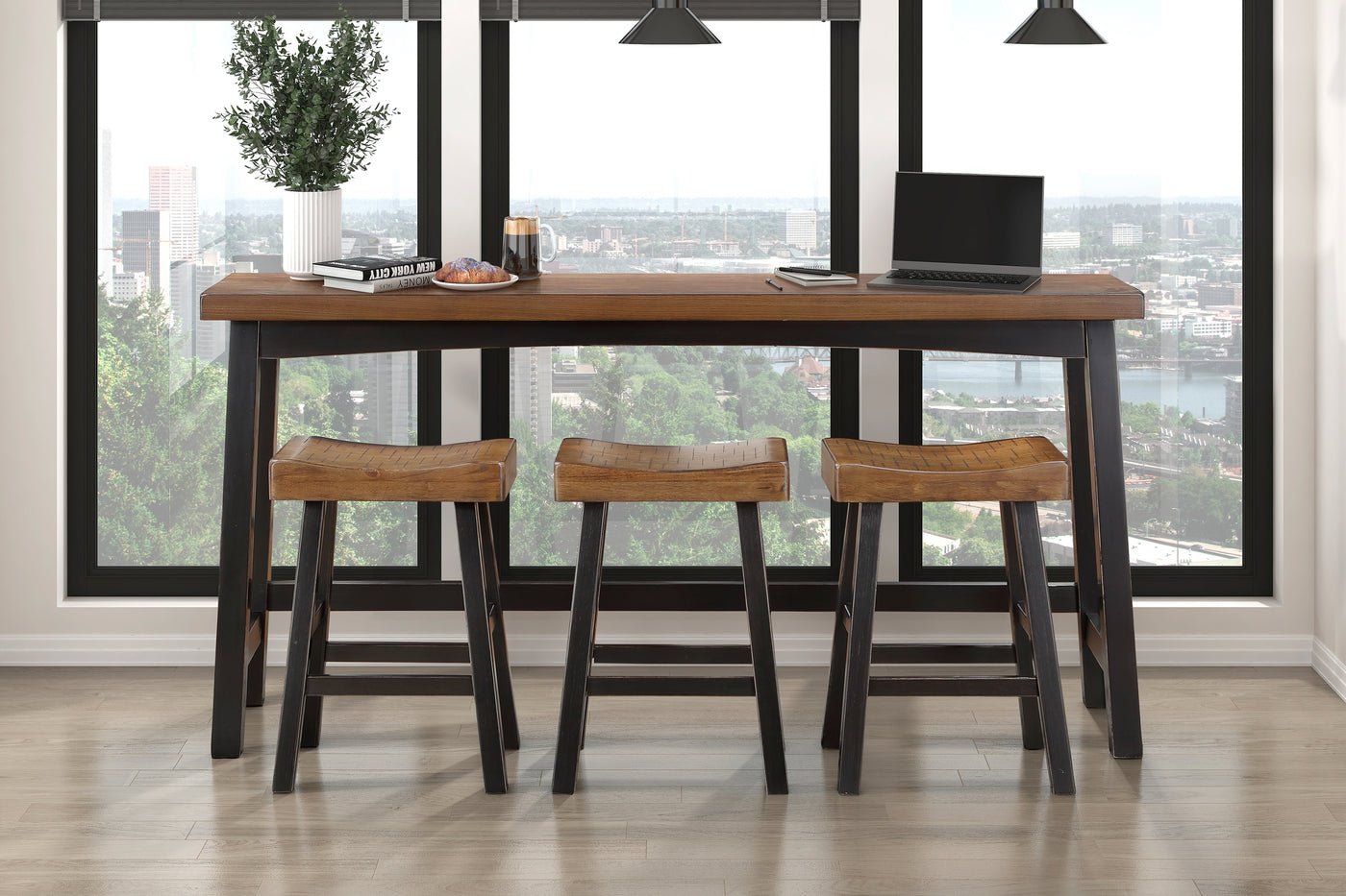 4-Piece Counter Height Dining Set Black Brown Rubberwood