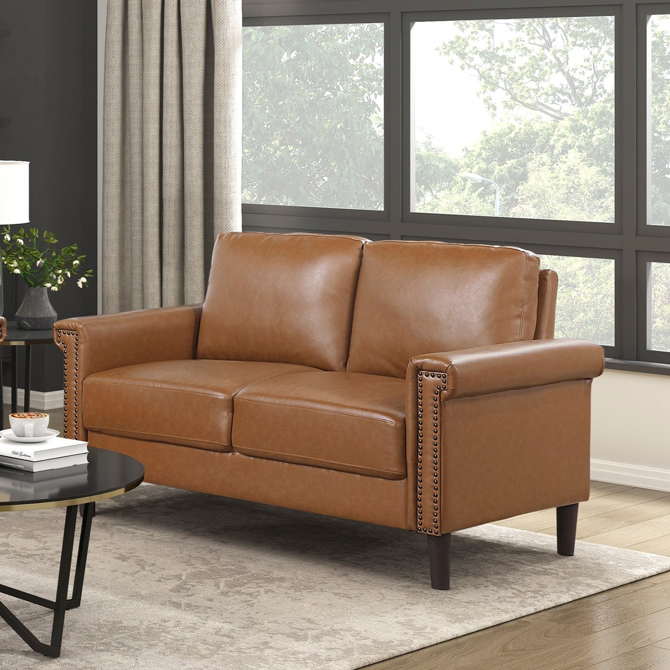 Brown Faux Leather Nailhead Loveseat 2-Seater