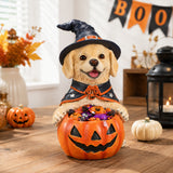 Halloween Labrador Retriever Witch Puppy Figurine, Cute Dog Holding Pumpkin Cand
