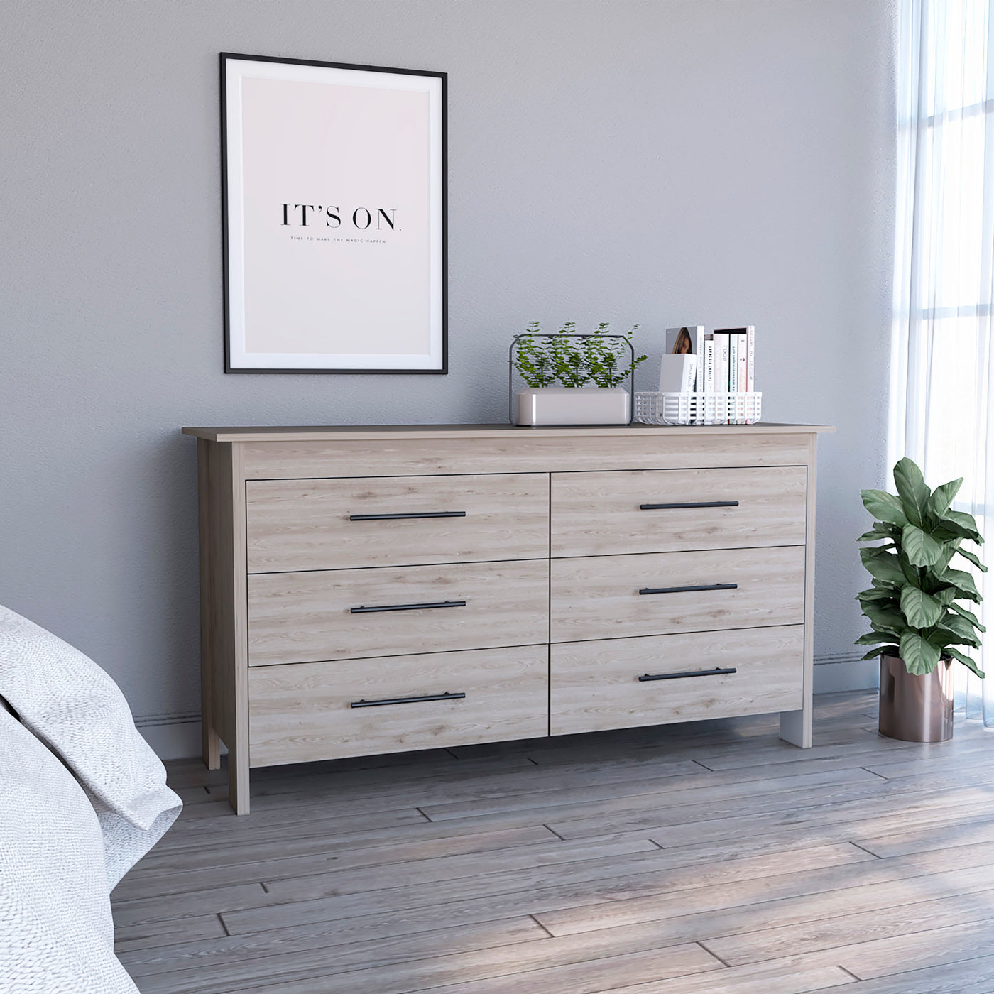 Light Gray 6 Drawer Double Dresser with Four Legs