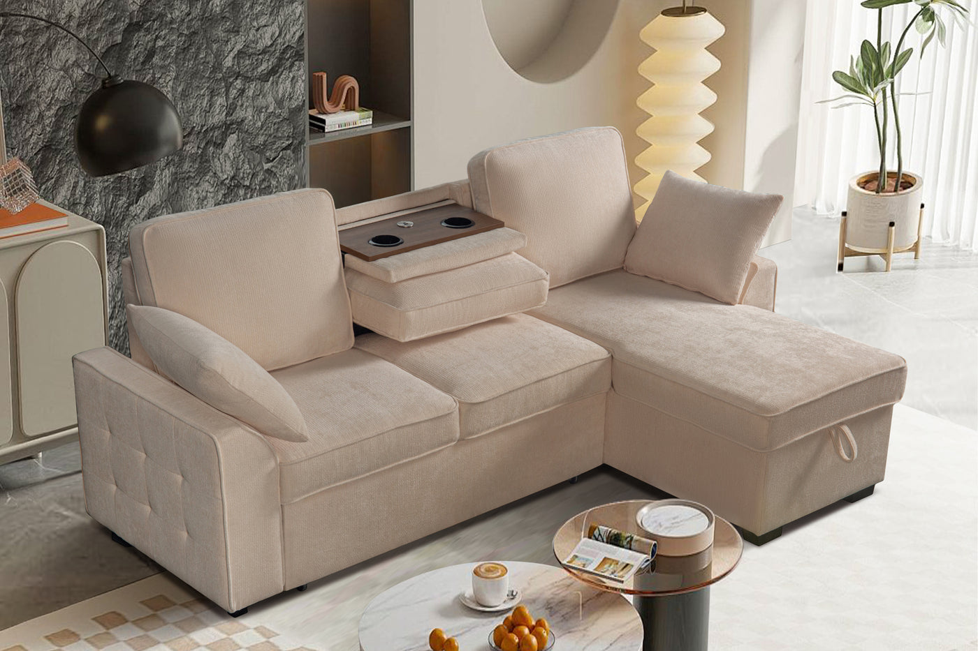 Sectional Sofa with Chaise, Cup Holder Tray & Storage