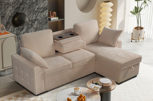 Sectional Sofa with Chaise, Cup Holder Tray & Storage