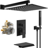 Matte Black 12-Inch Rain Shower Head Waterfall Bathtub Faucet Set