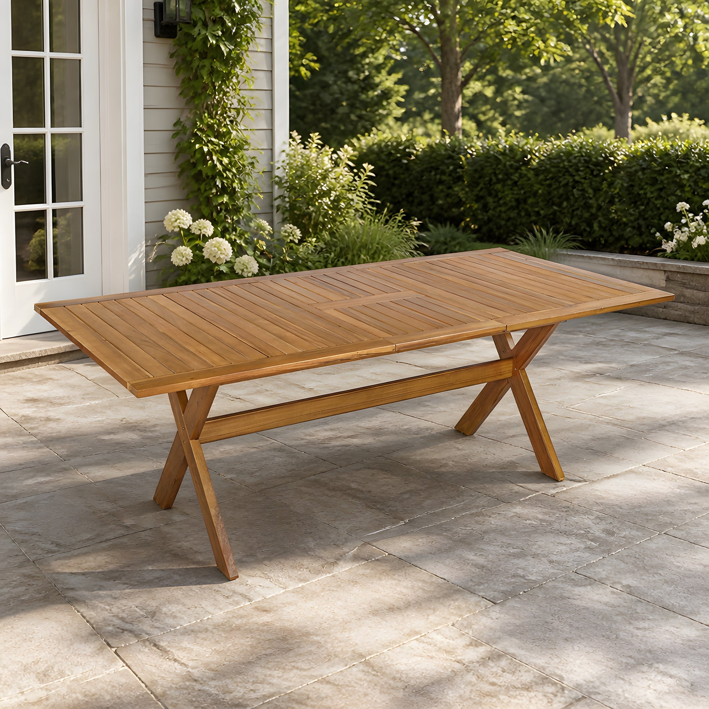 60'-76' Acacia Wood Outdoor Dining Table , Telescopic Table Ideal for Patio & Garden Gatherings, Teak Finish