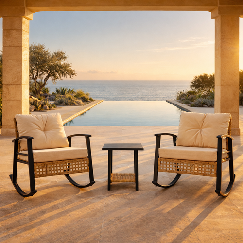 Outdoor Rocking Chair Set Iron Wicker Beige Yellow 3 Piece Table