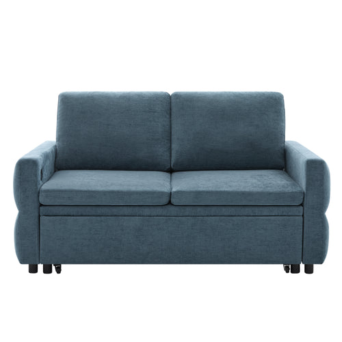 Convertible Sofa Bed 62.75' Loveseat with Adjustable Backrest and USB Ports in Blue Chenille Fabric