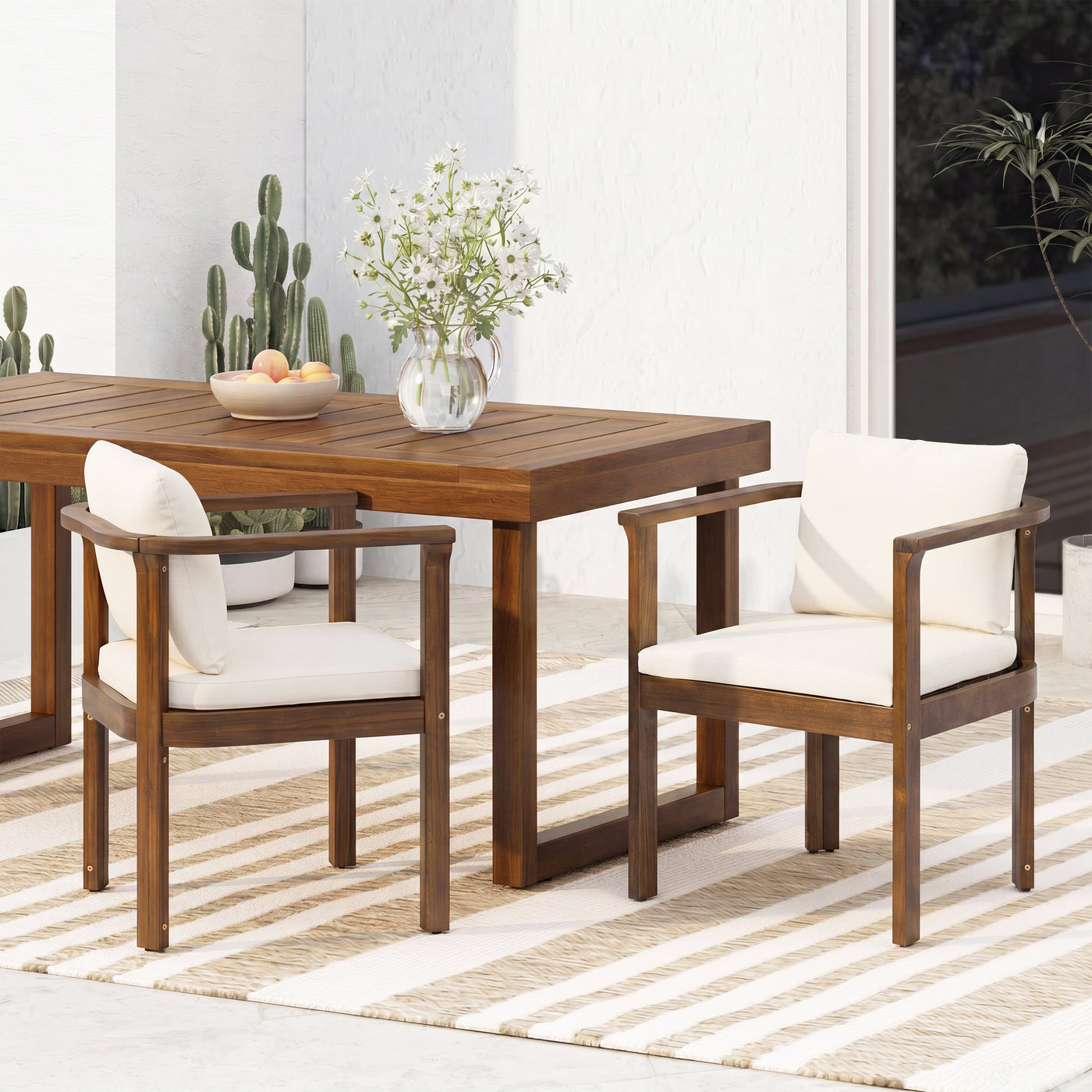 Outdoor Dining Chair Set of 2 with Curved Acacia Wood Arms, Brown Finish and Cream Cushions