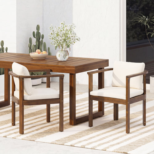 Outdoor Dining Chair Set of 2 with Curved Acacia Wood Arms, Brown Finish and Cream Cushions