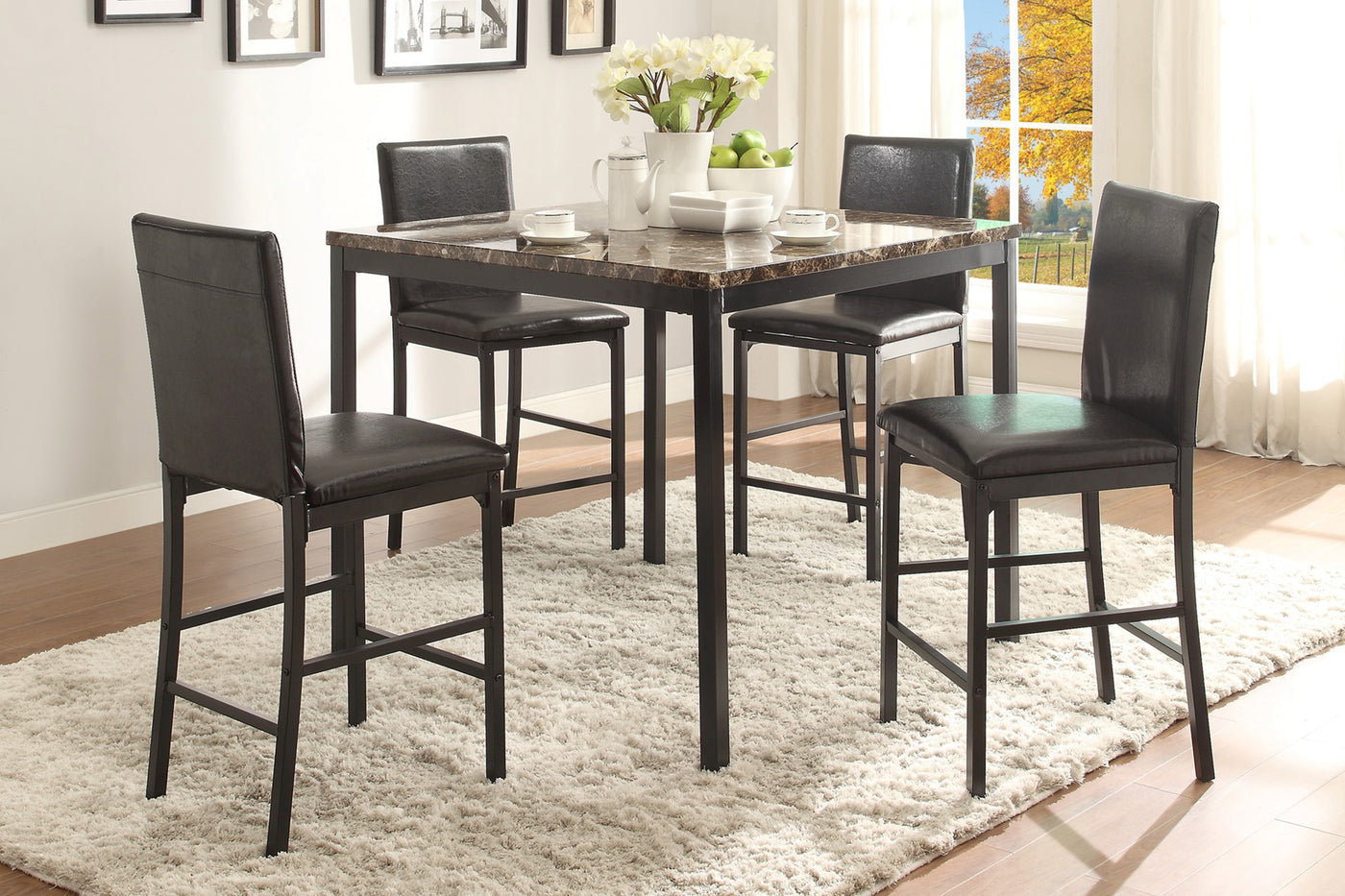 Black Metal Counter Height Dining Set 5pc Faux Marble