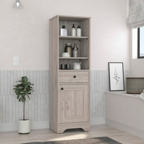 Linen Cabinet with Three Open Shelves, Drawer and Door