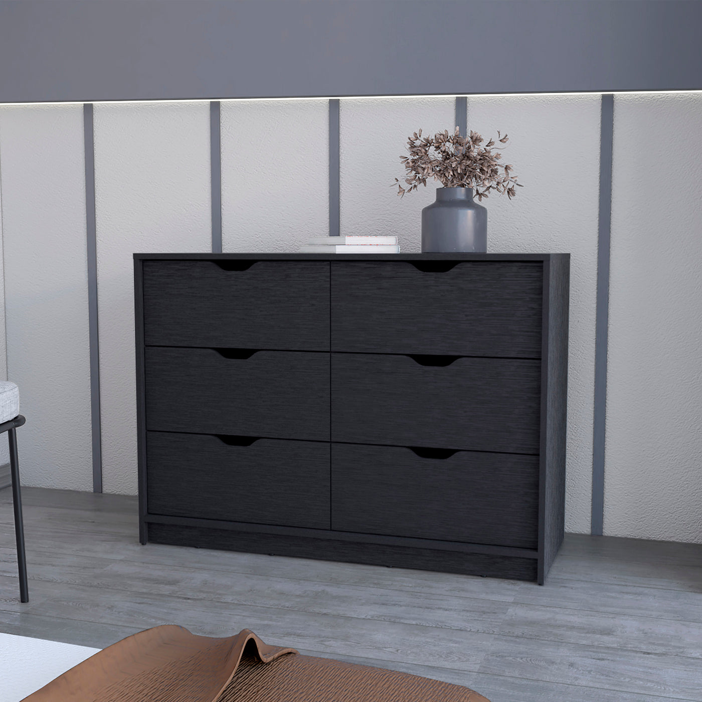 Black 4 Drawer Double Dresser with Pull Down Cabinets