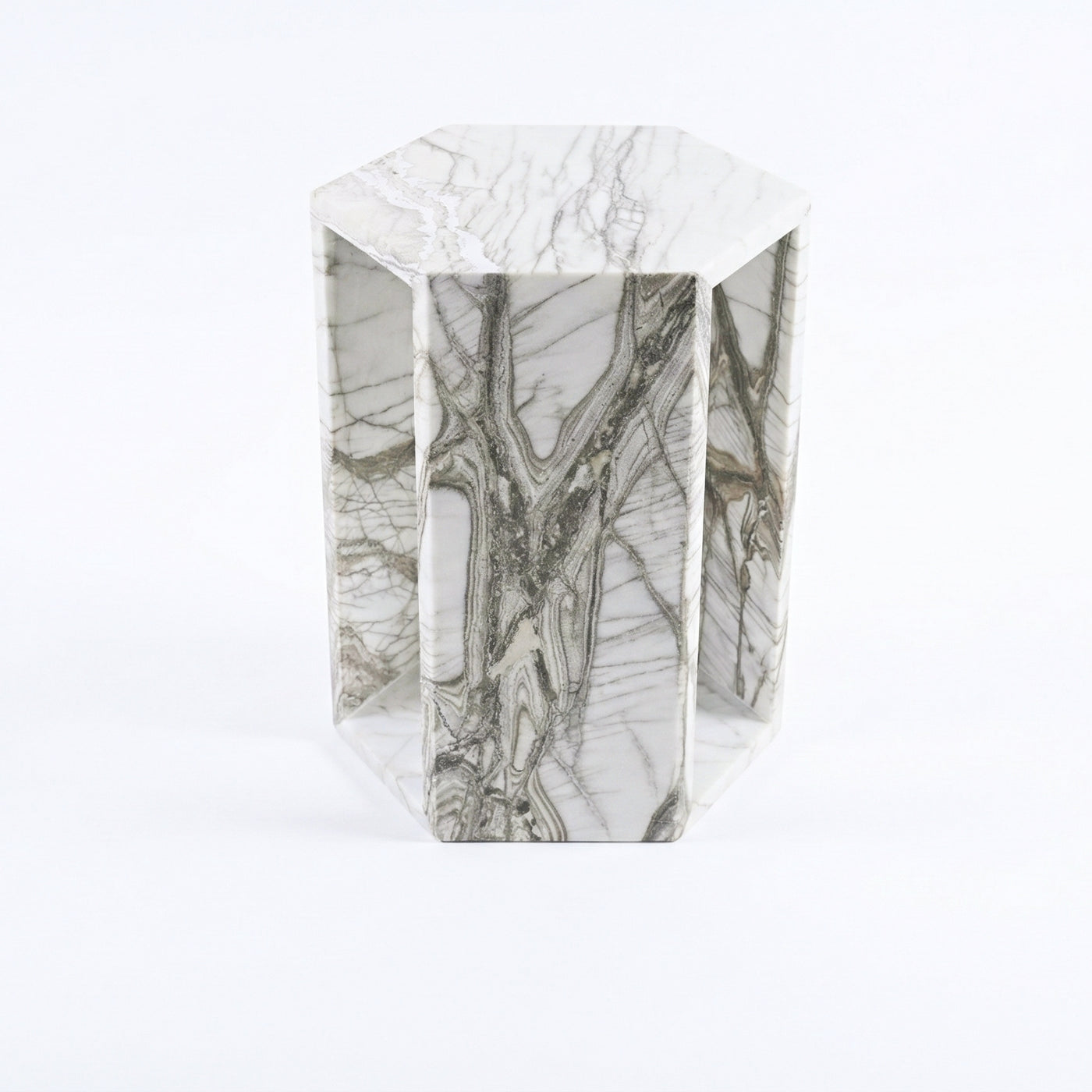 White Marble Hexagon Side Table, 15.7 in, Geometric Stone, Polished Pedestal