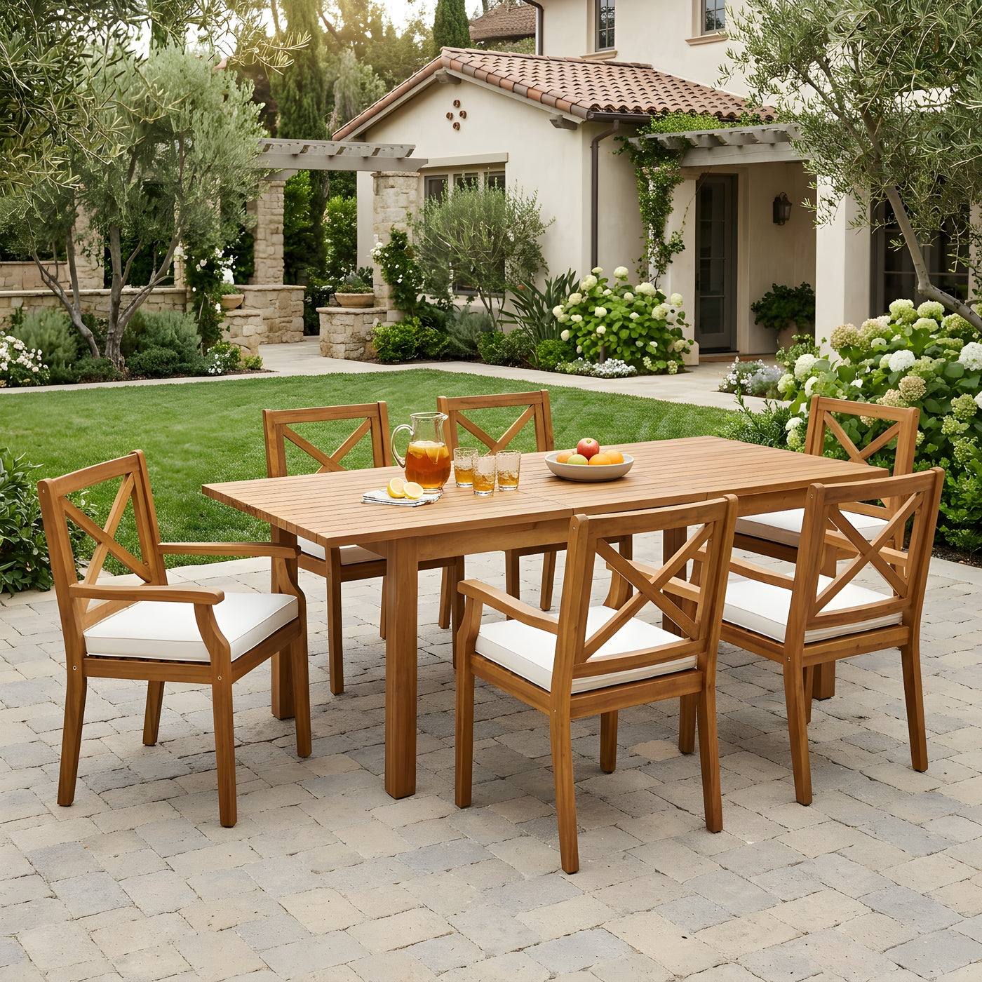 7 Pieces Acacia Wood Outdoor Dining Set with Cream Cushions,Modern 6 Chairs 1 Large Table,Dining Furniture Set for Lawn, Backyard, Garden Deck,Poolside,Teak
